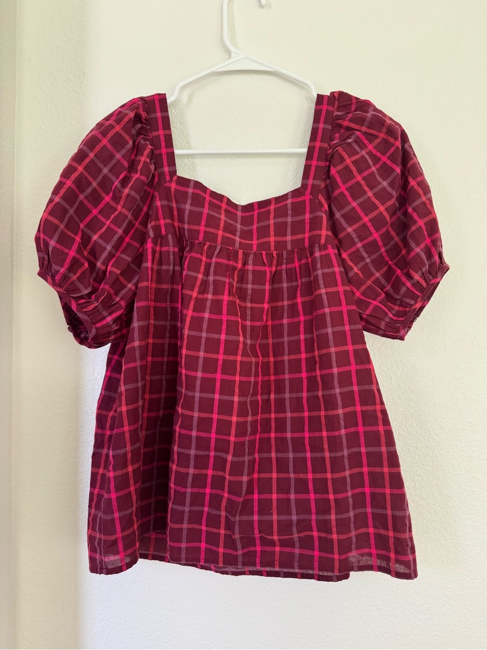Red Plaid Puff Sleeve Square Neck Top